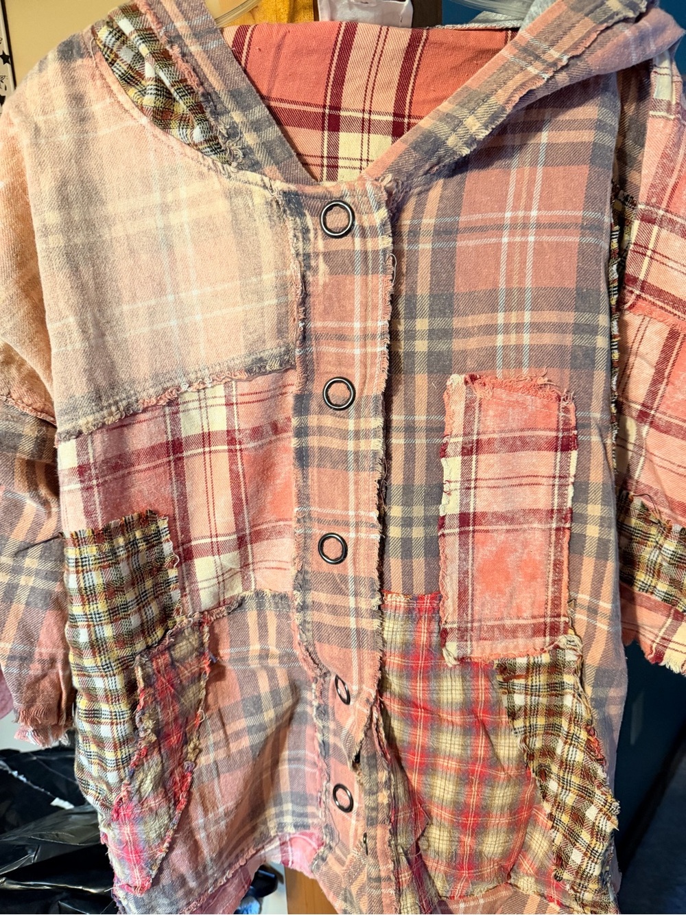 NWOT Oli & Hali Pink Plaid Hooded Patchwork Flannel Shirt